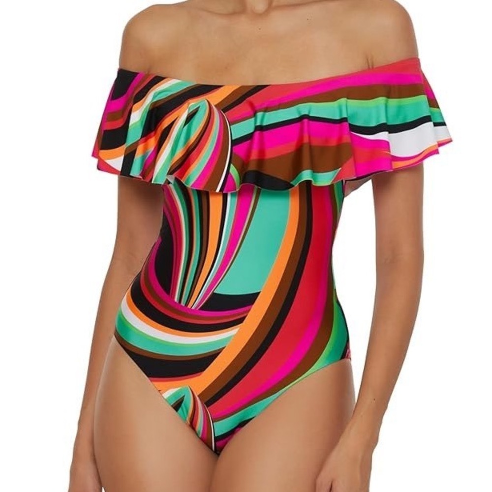Trina Turk‎ Swoop Ruffle Off The Shoulder One Piece Swimsuit Women's Size 6